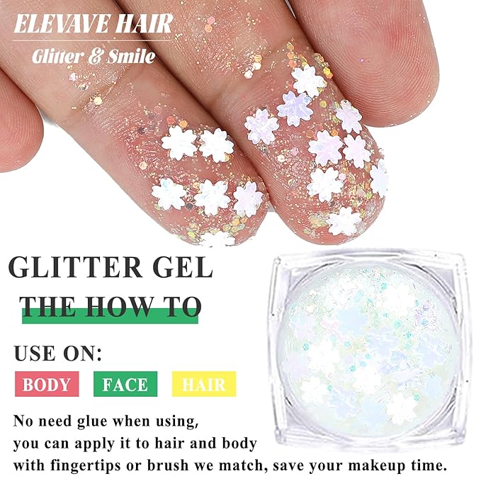 Body Glitter Face Glitter, Hair Glitter for Kids, 12 Shapes Fine Chunky Glitter Gel for Women Girls Makeup Sparkles Party Mermaid Sequins Rave Accessories Festival (White-Gold-Pink-Blue-Green-Red)