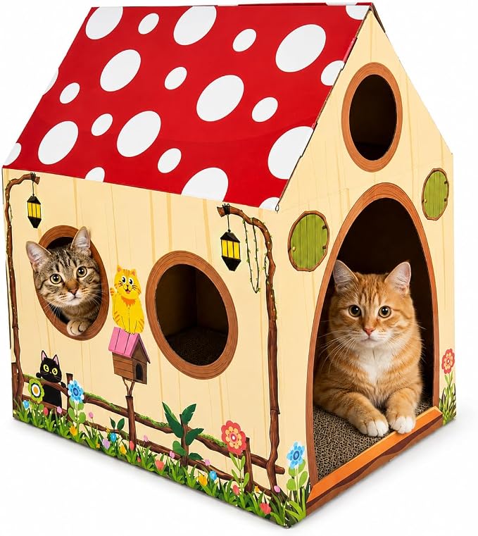 Cinrobiye Cardboard Cat House with Scratcher, Indoor Cat Condo Cat Cave Hideout with Scratch Pad, Cardboard Cat Playhouse Bed for Cats, Kittens, Rabbits & Small Pets (Mushroom)