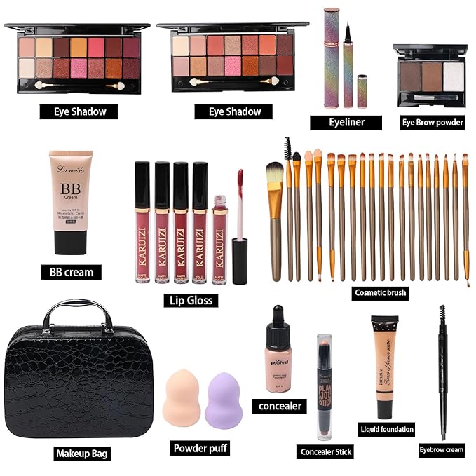 All in One Makeup Kit for Makeup storage bag 2X14 Colors Eyeshadow Palette Liquid Foundation Eyeliner Pencils Contouring Stick Lip Gloss 20Pcs Make up Brushes For Women Girls Teens (Black)