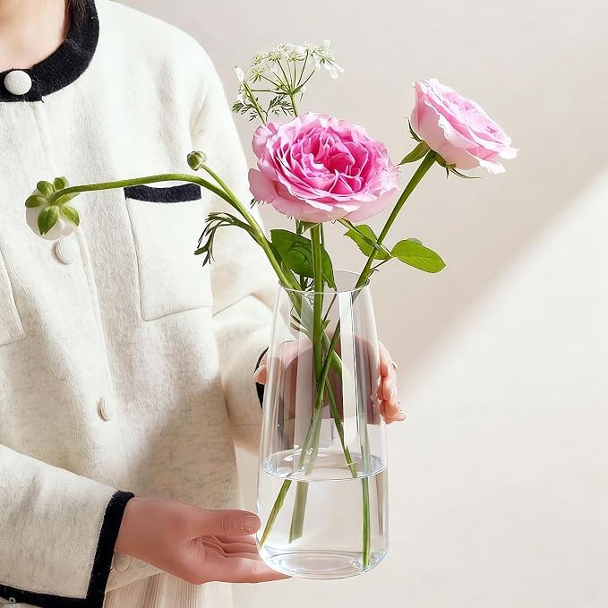 Crystal Clear Glass Flower Vase for Table Centerpiece Home Decor, 8.3inch H | Glass Vases for a Dozen of Flowers, Living Room, Bathroom, Office, Coffee Table, Wedding Decor, Housewarming Valentine Gifts