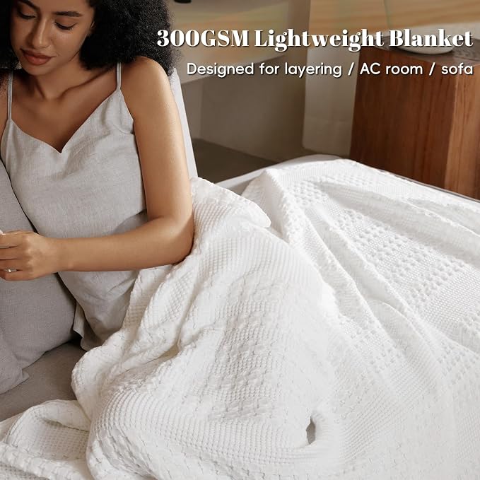 PHF 100% Cotton Waffle Blanket Oversized King 120"x120", Lightweight Breathable Extra Large 10'x10' Blankets for Bed, Giant Big Luxury Aesthetic Woven Bedding for Home Decor, White