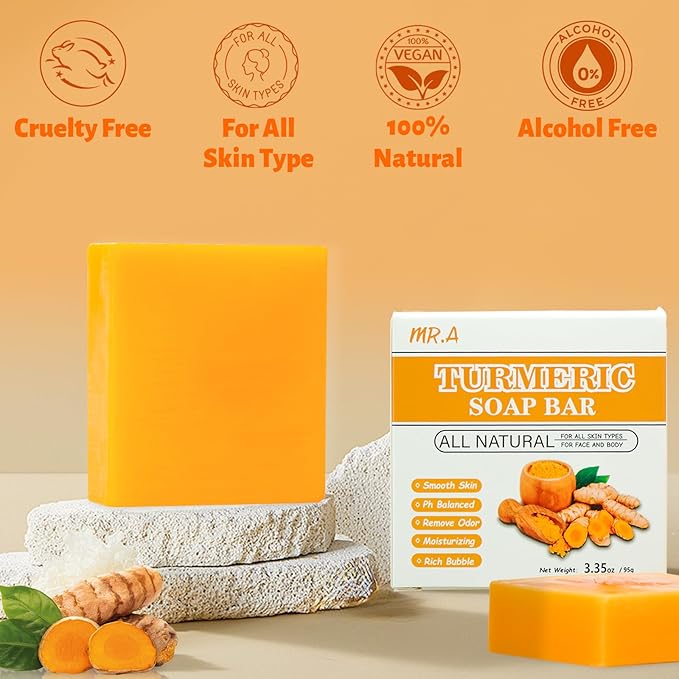 MR.A 3Packs Turmeric Soap Bar, Organic Tumeric Soap for Face and Body, Lemon Turmeric bar Soap with Vitamin C, E for All Skin Type, Tumeric Face Wash for Smoothing, Moisturizing skin