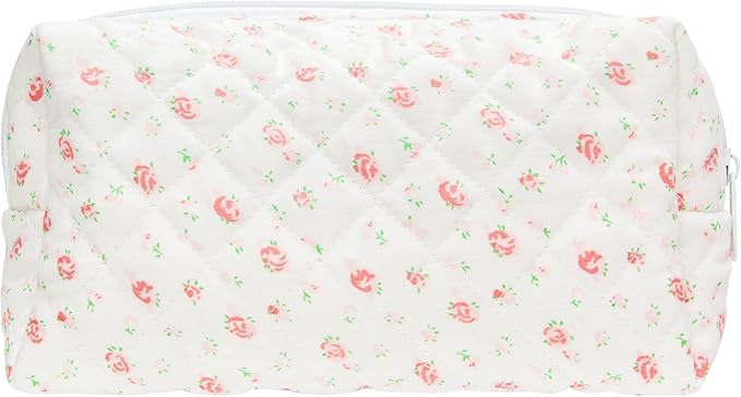 PAZIMIIK Small Quilted Makeup Bag,Zipper Cosmetic Pouch,Gauze Rose | Lightweight Cosmetic Bag Organizer for Women,Purse Storage Holds Makeup,Toiletries,Skincare,Beauty Essentials,Travel Items