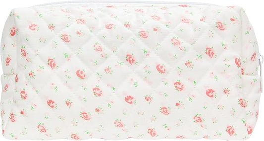 PAZIMIIK Small Quilted Makeup Bag,Zipper Cosmetic Pouch,Gauze Rose | Lightweight Cosmetic Bag Organizer for Women,Purse Storage Holds Makeup,Toiletries,Skincare,Beauty Essentials,Travel Items