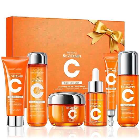 Vitamin C Skincare Set With Cleanser, Toner, Face Serum, Face Cream, Eye Cream And Face Lotion, Facial Skin Care Set For Teenage Girls Travel Size - Vegan, Gluten Free, & Cruelty Free