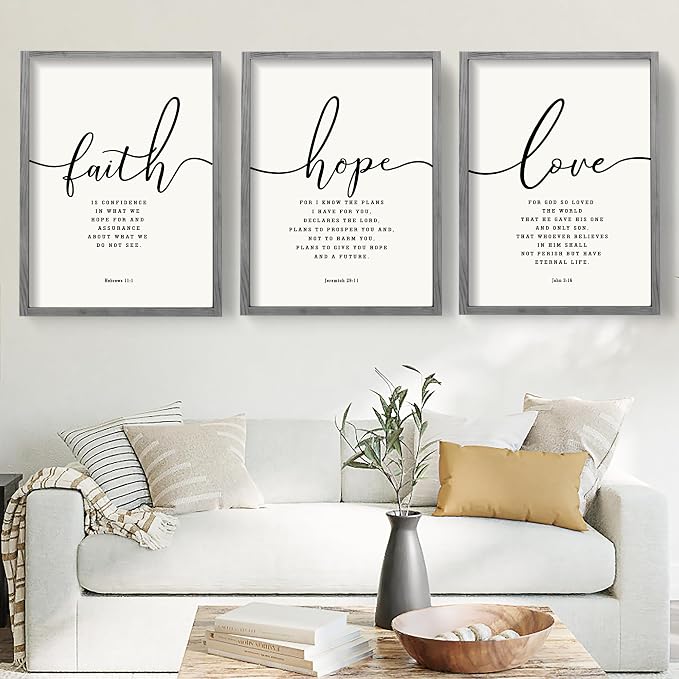 Houmury Set of 3 Framed Farmhouse Bible Verses Wall Decor Sign 11”x14” Christian Faith Scripture Wall Art for Home Bedroom Wall Decor (11"x14" Grey)