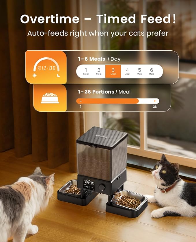 oneisall Automatic Cat Feeder for 2 Cats Pets, Timed Cat Food Dispenser | 20 Cups/5L, Prevent Fighting, Precise Portion, Balanced Dispense, Non-Slip & Stable, Voice Recorder, Stainless Steel Bowls