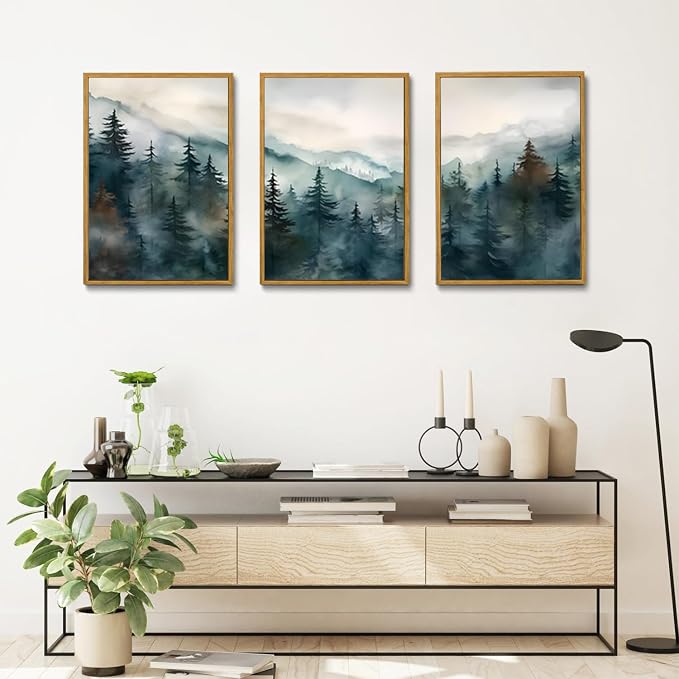 Pine Forest Mountain Framed Canvas Wall Art Set of 3, 16x24 inch | Boho Nature Wall Decor, Pine Forest Mountain Landscape Prints, Living Room Bedroom Office Art