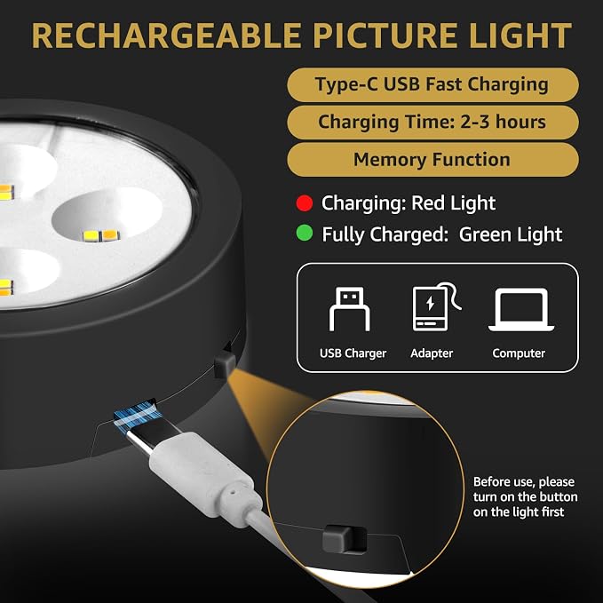 MIOBLUE 3Pack Rechargeable Battery Pictureainting Light with Remote Control Dimmable and Timer, Magnetic Art Display Puck Light 3 Lighting Modes for Paintings Wall Decor
