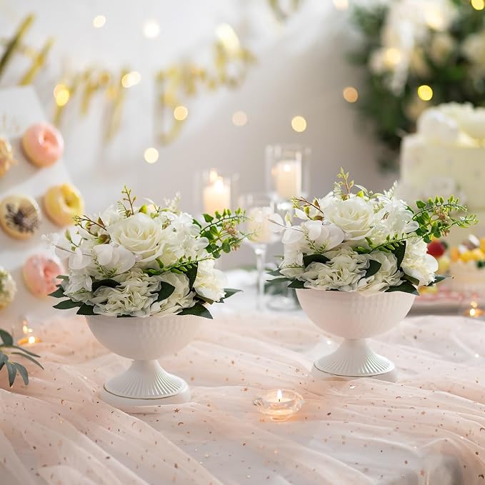 Sziqiqi White Urn Vase for Wedding, Compote Vase for Table, 5.9in, 2Pcs | Tall Floral Holder for Centerpiece Pedestal Bowl Pot, Flower Arrangements for Wedding, Party, Birthday, Event, Reception
