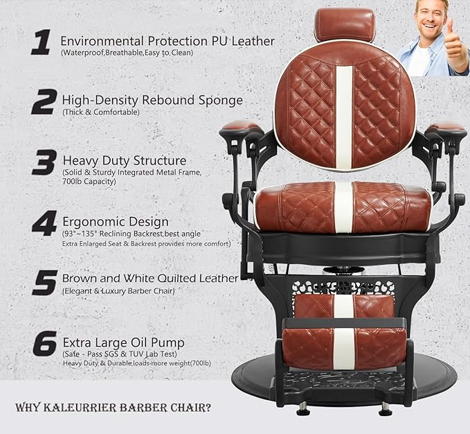 Kaleurrier Reclining Hair Salon Chair - Vintage Barber Chairs Height Adjustable for Stylist Barber Shop Home Haircut Tattoo Massage - Brown and White Quilted Leather
