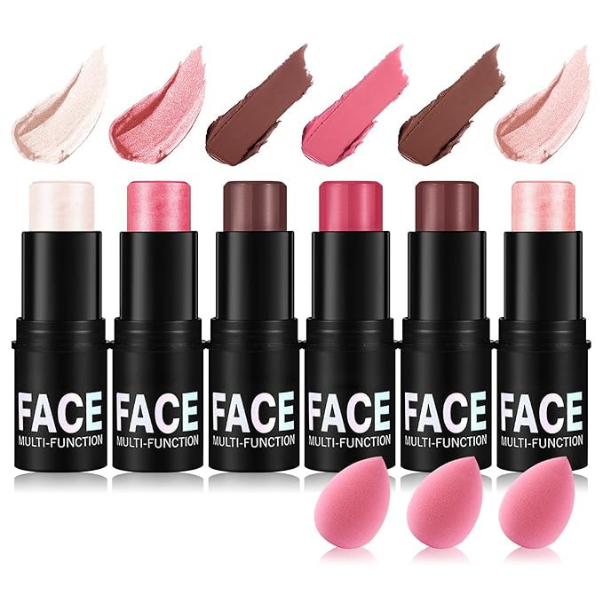 6PCS Cream Contour Stick Kit,Matte Waterproof Blush Highlighter Bronzer Contour Stick with Makeup Sponge,Non-greasy Creamy Travel Size Contouring Stick Makeup Set for Face,Suitable for All Skin Types