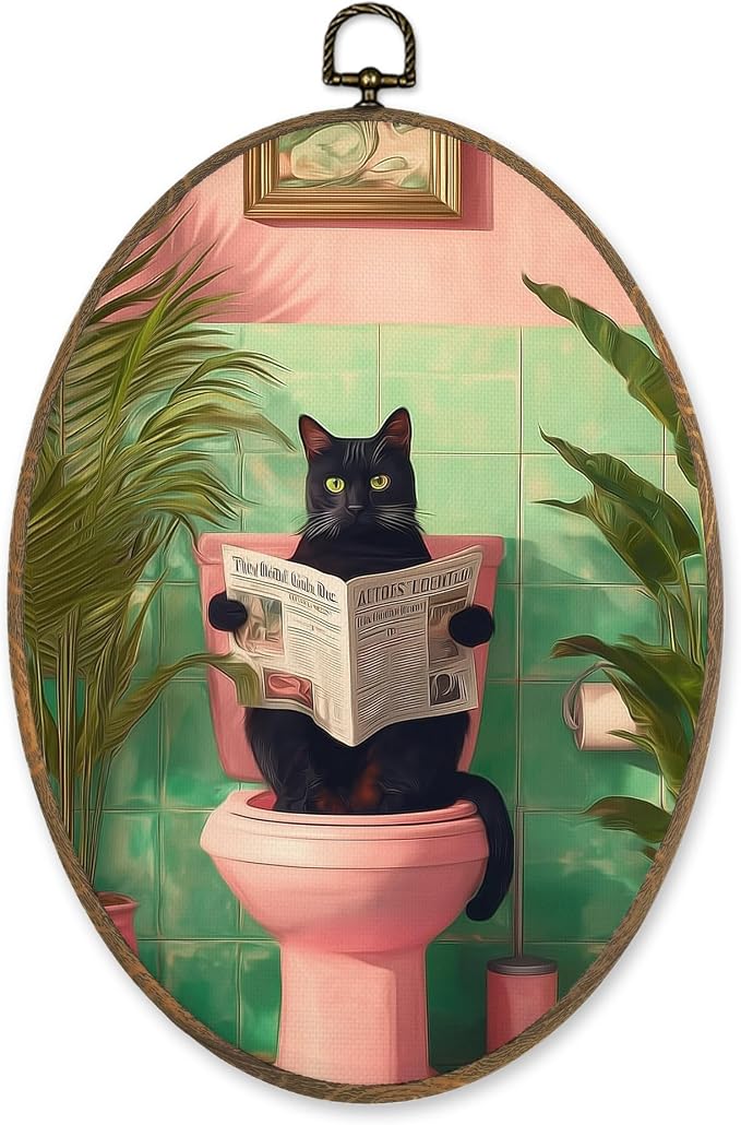LKETW Funny Black Cat Bathroom Oval Wall Art Decor, Tropical Black Kitty Reading on Toilet Oval Canvas Hanging Decor, Funny Cat Wall Decorations for Bathroom Washroom Toilet, 8.6x11.4 Inch blackcat