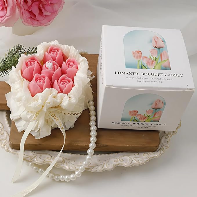 Handmade Floral Bouquet Candle, Scented Peony & Rose Shape, Gift for Women, Home Décor, Aromatherapy, Small (2.8"x2.4", 3 Flowers) & Large (3.6"x3", 5 Flowers) – Pink & Rose Red (Pink, Small)