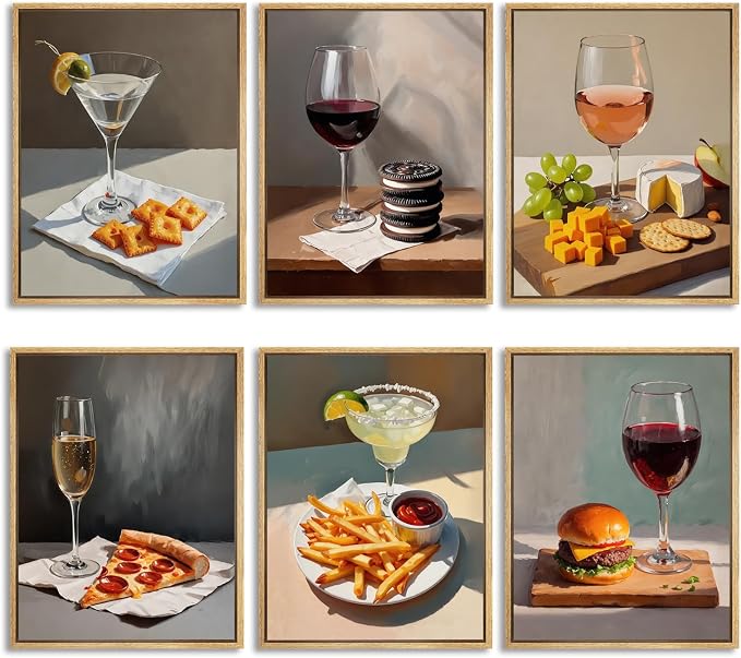 Set of 6 Quirky Cocktail Poster Martini and Cheese Crackers Cocktail Posters Retro Bar Cart Accessories Wall Art Red Wine Canvas Room Decor Pictures for Apartment Dorm Kitchen Unframed 8x10 inch