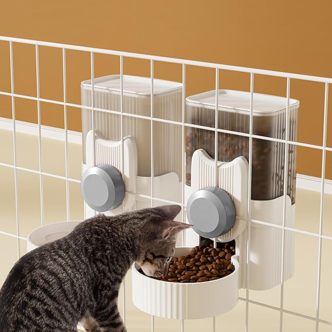 Hanging Cage Auto Pet Food Bowl Water Bottle Dispenser, 1L, Grey | Auto Gravity Pet Feeder and Waterer Set, Kennel Feeding Station, Crate Feeder Dish, For Rabbit Puppy Cats Ferret
