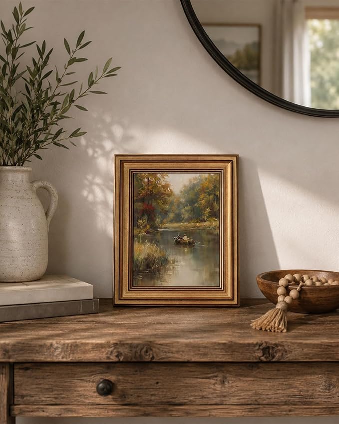 Gold Framed Wall Art, Country Fisherman Canvas Prints, Vintage Rowboat River Fall Landscape Picture Wall Decor, Rustic Farmhouse Cottagecore Artwork for Living Room Bedroom 12x16 inch