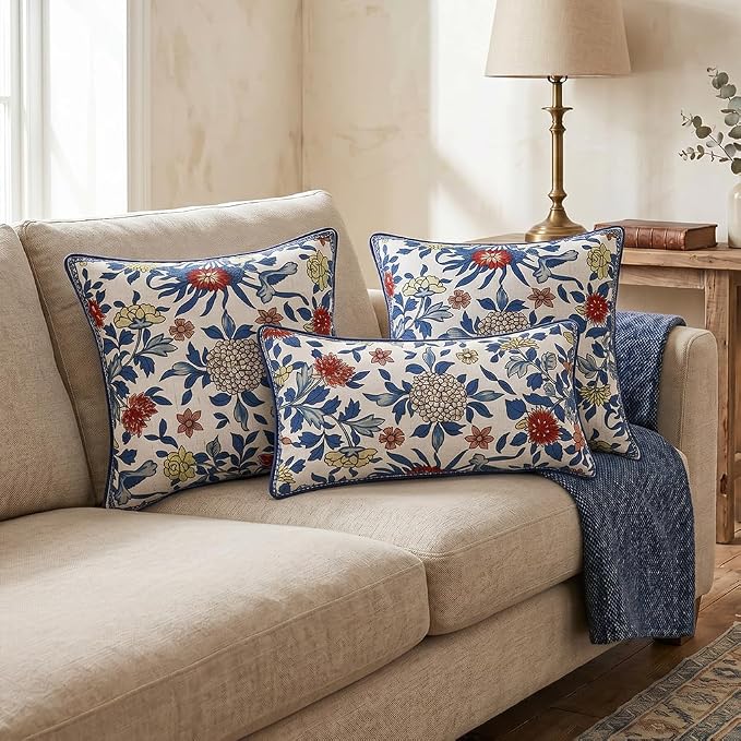 patdrea Designer Vintage Linen Throw Pillow Cover,18"x18",Set of 2-Ivar A | Decorative Pillow Cover,Blue and White Floral Pattern,Pillow Case for Couch Living Room Bedroom Sofa Outdoor