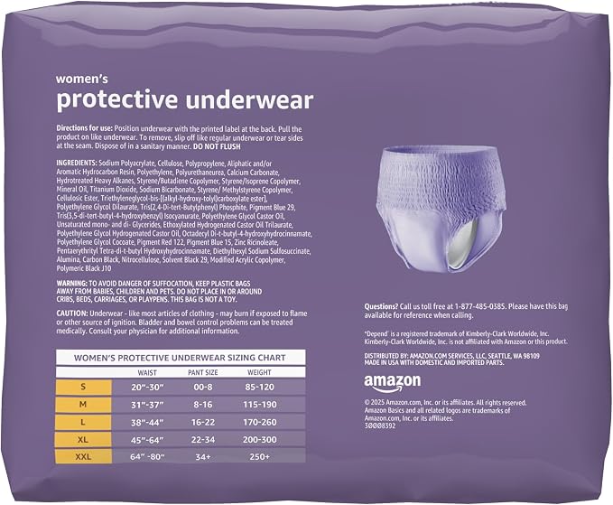 Amazon Basics Incontinence Underwear for Women, Maximum Absorbency, Fresh Protection, Postpartum, Disposable, Odor Protection, Comfortable Fit, Large, Lavender, 54 Count (3 Packs of 18)