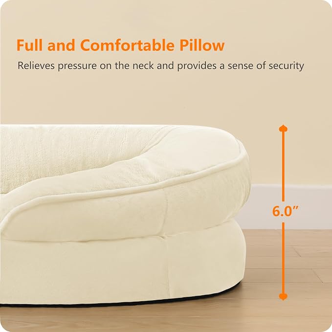 Dwanton Orthopedic Waterproof Medium Dog Bed Sofa, Gel Memory Foam, 36" | Egg-Crate Foam Dog Sofa, Washable Pet Bed with Four Sided Bolster Cushion, Removable Cover & Non-Slip Bottom, Beige
