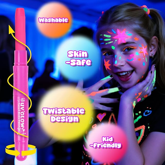 10 Glow in the Dark Face Paint Sticks under UV Light, Christmas Gifts Stocking Stuffers for Kids, Washable Neon Body Paint Crayons, Mess-Free Black Light Paint for Glow Party Supplies Makeup