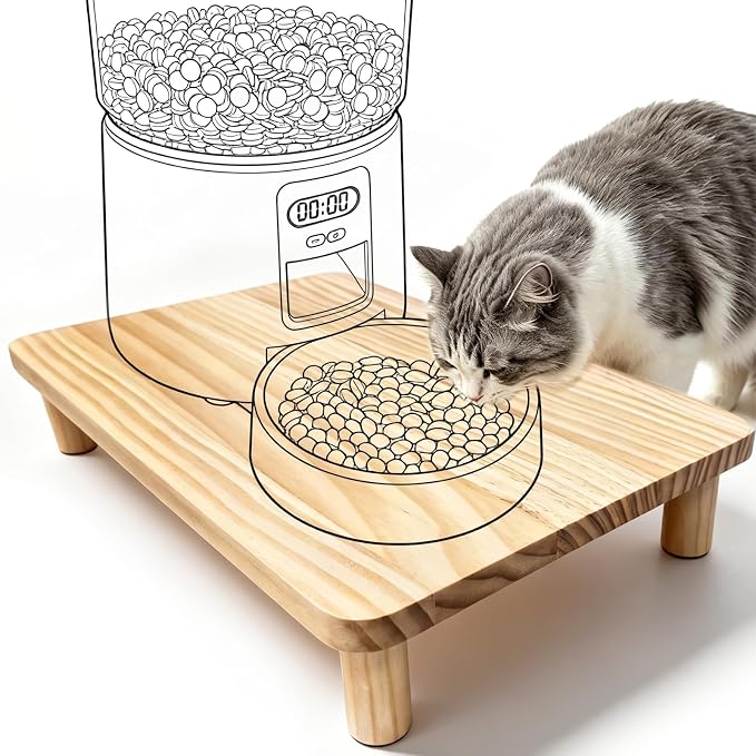SZEE Cat Food Stand, Elevated Cat Feeder Stand for Automatic Feeder & Bowls | Raises Feeder/Bowl by 3", Relieves Spine and Joints Noticeably on Pets ( Large & Solid Pine Wood)