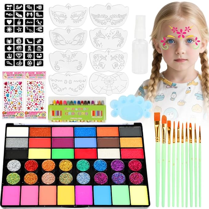 Face Painting Kit for Kids, 42 Colors Water Based Face Paint, 16 Crayons, 8 Reusable Stencils and 32 Sticky Stencils, 10 Brushes, 2 Gem Sheets, Professional Face Painting Kit for Parties Halloween