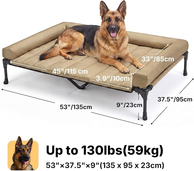 Veehoo Outdoor Elevated Dog Bed with Waterproof Bolster Cushion, Cooling | Raised Dog Bed with Removable & Washable Mat Topper, Breathable Mesh, Dog Couch Cot for Indoor Outdoor, 53", Large, Beige