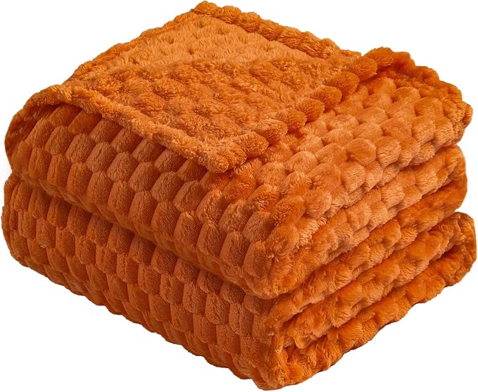 Vessia Flannel Fleece King Size Bed Blanket(108x90 inch), 3D Jacquard Burnt Orange Fuzzy and Warm Blanket for Adults, 300GSM Super Soft Touch Cozy Lightweight Home Decor for All-Season