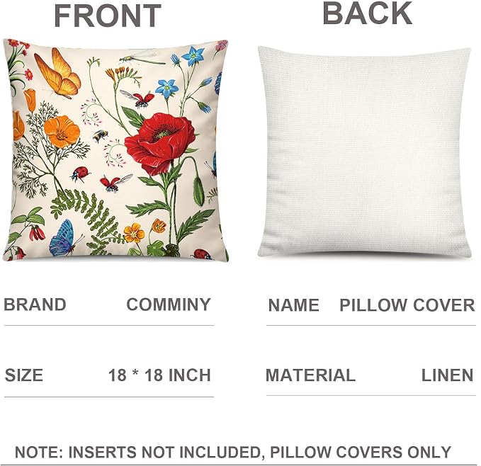 Spring Summer Throw Pillow Covers 18x18 Set of 6, Wildflower Nature Decor | spring summer floral bloom, Standard Throw Pillow Size, Breathable Linen, Neutral flower, Couch Sofa Living Room decor