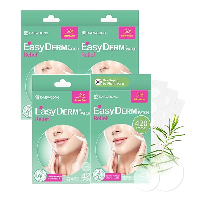 EasyDerm Relief Invisible Patch 4 Packs (168 Patches) | 10,000 ppm Tea Tree Oil, Ultra-Slim 0.1mm, Waterproof Acne Patch, Clear Skin Essential for Daily Care