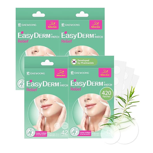 EasyDerm Relief Invisible Patch 4 Packs (168 Patches) | 10,000 ppm Tea Tree Oil, Ultra-Slim 0.1mm, Waterproof Acne Patch, Clear Skin Essential for Daily Care