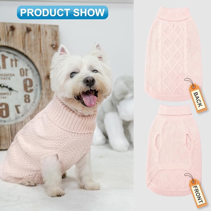 Mihachi Turtleneck Dog Sweater - Winter Coat Apparel Classic Cable Knit Clothes with Leash Hole for Cold Weather, Ideal Gift for Pet in New Year Rosy X-Small
