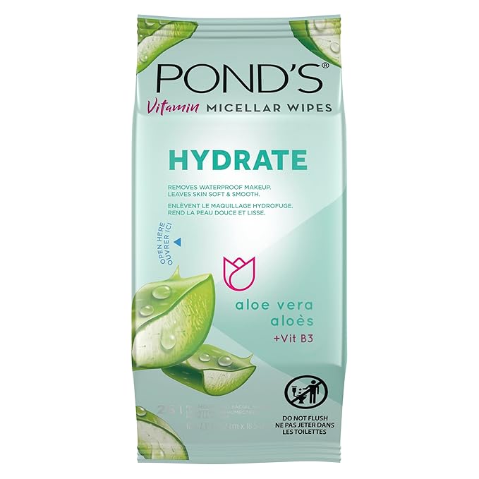POND’S Micellar Makeup Remover Wipes, Removes Waterproof Mascara, with Aloe Vera & Vitamin B3, Alcohol-Free Facial Cleansing Wipes for Dry Skin, 25 Count