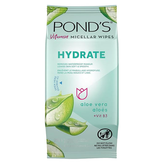 POND’S Micellar Makeup Remover Wipes, Removes Waterproof Mascara, with Aloe Vera & Vitamin B3, Alcohol-Free Facial Cleansing Wipes for Dry Skin, 25 Count