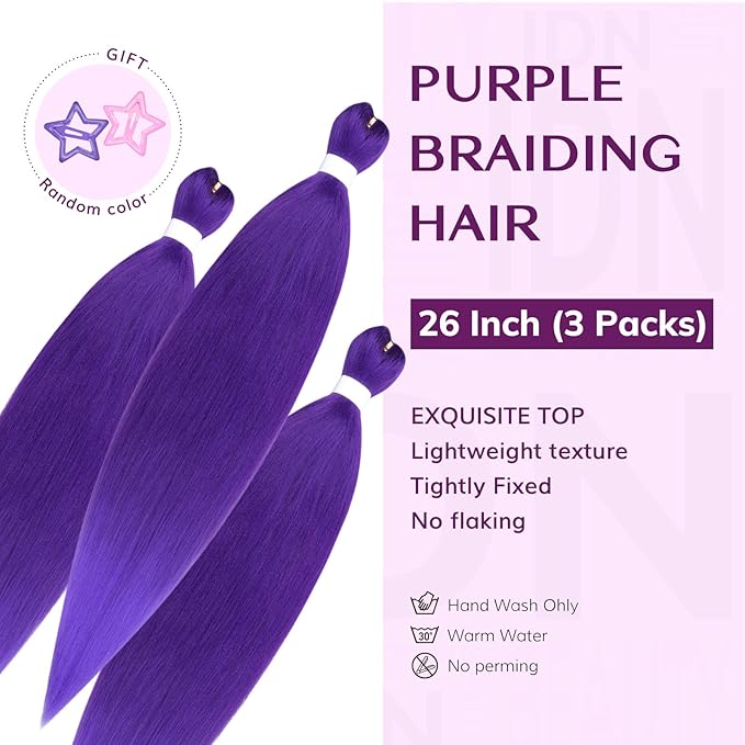 IDN BEAUTY Purple Braiding Hair 26 Inch Pre Stretched Synthetic Braiding Hair for Braids, 3 Packs Purple Rumi Hair Extensions for Stage Party Christmas Halloween Costume Cosplay