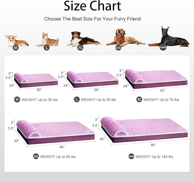 Orthopedic Large Dog Bed Pillow Pet Sofa Bed 48''X30'' Lilac | Egg-Crate Foam Pet Couch Large Sized Dog, Waterproof Removable Washable Cover,Furry Puppy Crate Mat With Nonskid Bottom