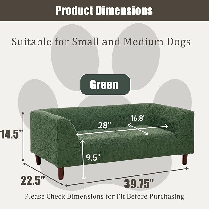 39.75 “x 22.5 “ Dog Sofa for Small Medium Dogs | Elevated Base | Breathable Linen Fabric | Armrest & Backrest | Plush Thick Cushion|Easy to Clean | Olive Green