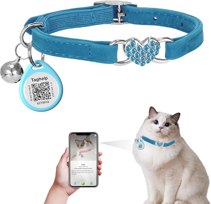 Heart Bling White Heart Shaped Kitten Collar Cute Cat Collar with Bell,Ideal for Girl Cats Boy Catswith Safety Belt and Bell Adjustable 8-13 inches for Personalized with QR Code Smart ID tag(Blue)