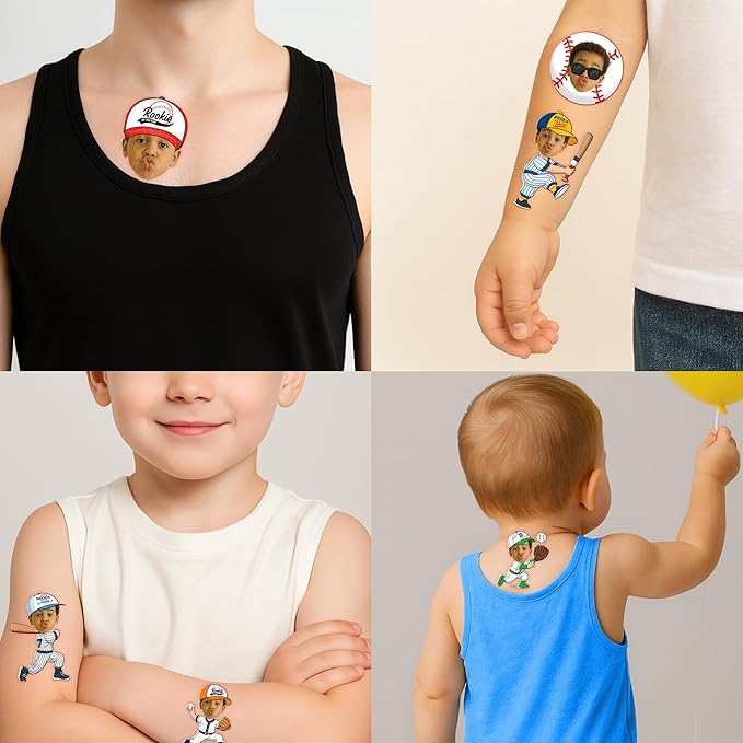 Custom Baseball Temporary Tattoos for Kids - Personalized Pre-Cut Face Photo Tattoos - Fun Birthday Party Favors for Boys, Baseball Fans - Set of 20 Unique Celebration Gifts