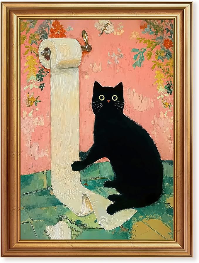 ICHZUMW Gold Framed Funny Black Cat Toilet Paper Canvas Wall Art, 12x16 In | Quirky Cat Print Humorous Pink Bathroom Wall Decor, Restroom Powder Room Guest Toilet, Fade Resistant, Ready to Hang