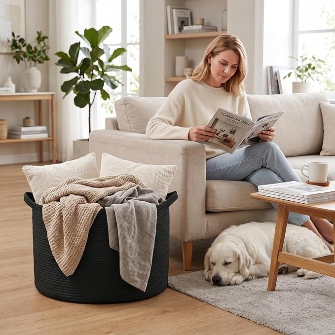 115L Extra Large Blanket Basket,Woven Rope Laundry Basket-Black | Collapsible, reinforced handles, nursery storage bin organizes clothes, toys and pillows for living room, bedroom bathroom