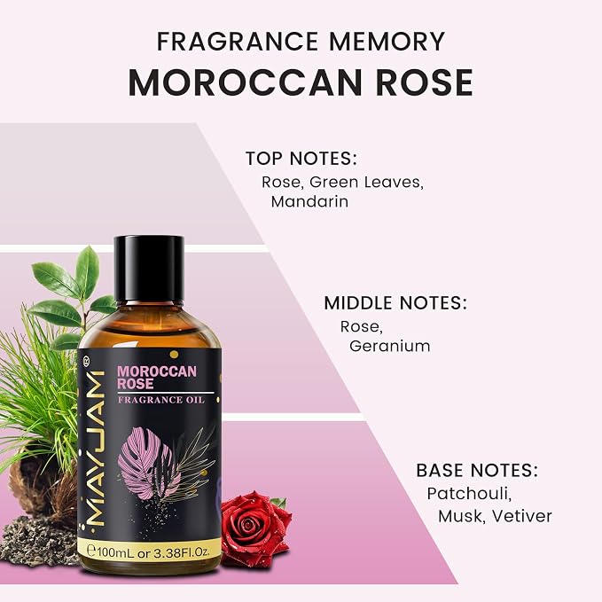 Moroccan Rose Fragrance Oil Essential Oil, MAYJAM 3.38FL.OZ Moroccan Rose Oil for Diffusers for Home, Long Lasting Scented Oils for Soap Candle Making - 100ML