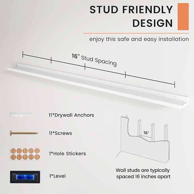 Picture Ledge Shelf, Long Floating Shelves for Wall, 72" W Set of 2, White | FSC Certified Engineered Wood, Wall Mounted Bookshelf, for Nursery Living Room Bedroom, Easy Install