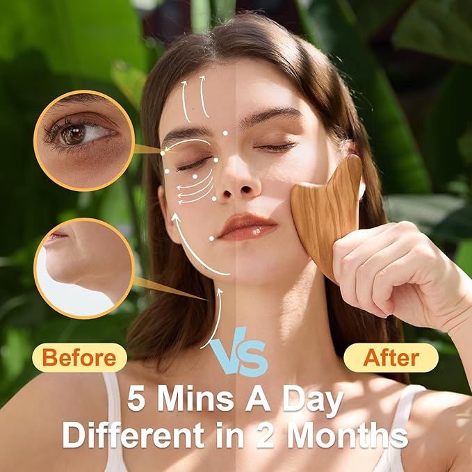 Olaemuo Gua Sha Facial Tools - Face Massager Tool for Lymphatic Drainage, Jawline Sculpting & Puffiness Reducing, Guasha Tool for Body Eyes Neck, Skin Care Gift with Pouch, Natural Olive Wood