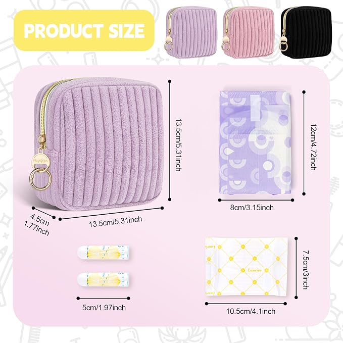 Period Bag for Teen Girls, Corduroy Sanitary Napkin Storage Bag, Fluffy Menstrual Pad PouchTampon Holder for Purse (Black)