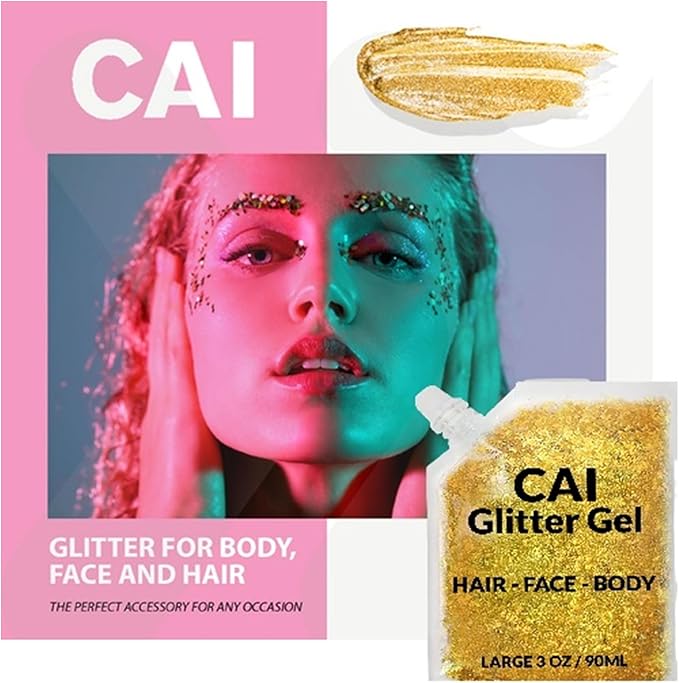 Face, Body & Hair Glitter Gel – Halloween Glitter for Kids and Women – 3 Oz Cosmetic-Grade Gel w/Moon & Stars for Festivals & Halloween Party, Easy Apply & Wash Off - Rose/Gold 2Pack