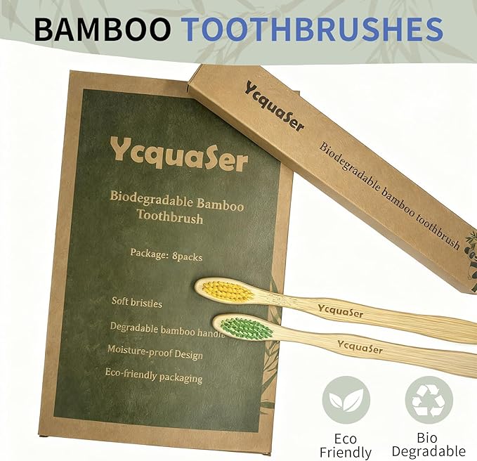 Ycquaser 8 Pack Bamboo Toothbrushes - Soft Bristles, BPA Free, Eco-Friendly Natural Wooden Toothbrushes for Adults & Family, Zero Waste Compostable Handle