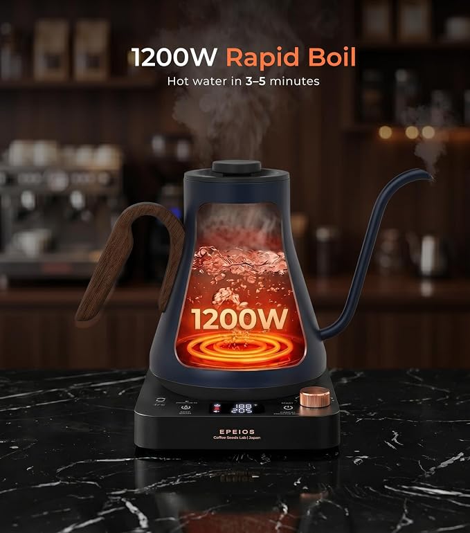 Epeios Electric Kettle, Gooseneck Electric Kettle with ±1°F Temperature Control, 1200W Rapid Heating for Pour Over Coffee & Tea, 304 Stainless Steel Interior, Auto Shut-Off, 0.9L, Blue