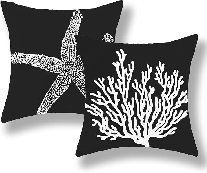Coastal Pillow Covers 18x18 Set of 2 Black Starfish Throw Pillows Nautical Ocean Decorations Summer Beach Coral Pillowcase Outdoor Decor Linen Farmhouse Square Cushion Case for Sofa Bedroom